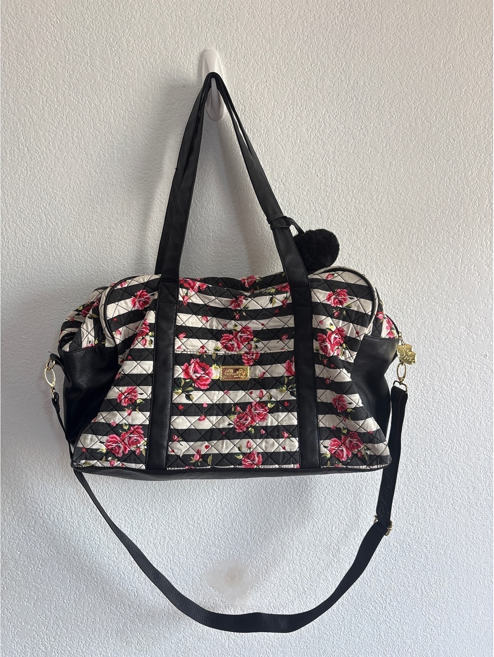Luv Betsey by Betsey Johnson Quilted Floral and Striped Shoulder Bag with Black